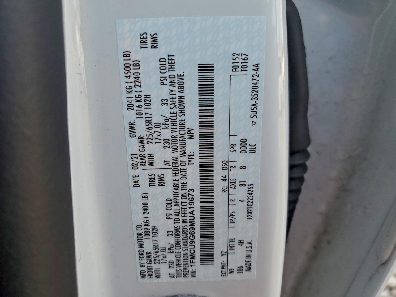 2021 Ford Escape Se VIN: 1FMCU9G69MUA19673 Lot: 94123665