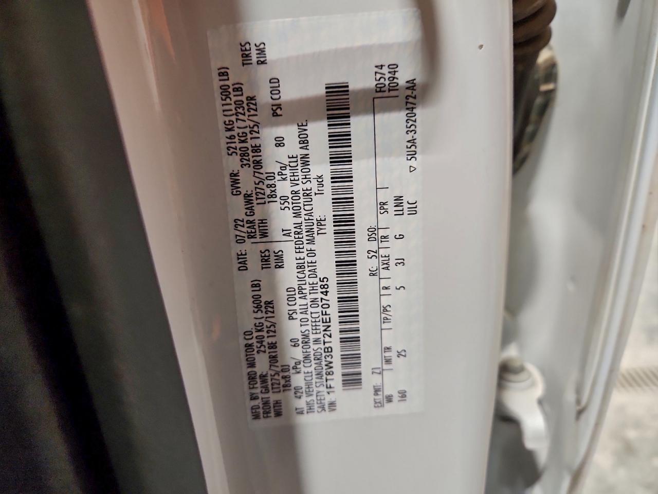 2022 Ford F350 Super Duty VIN: 1FT8W3BT2NEF07485 Lot: 94556295