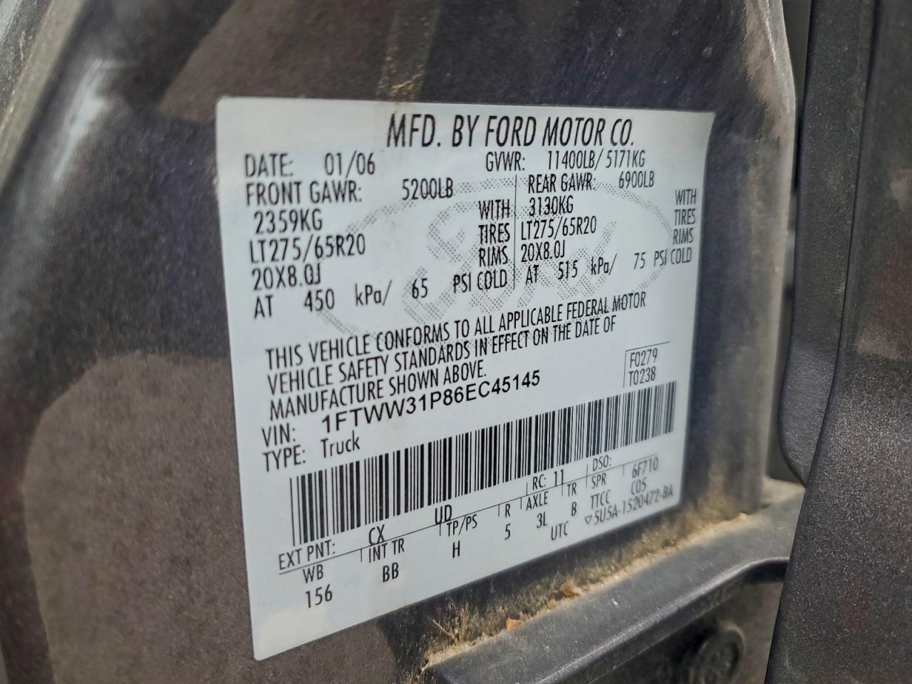 2006 Ford F350 Srw Super Duty VIN: 1FTWW31P86EC45145 Lot: 94246465