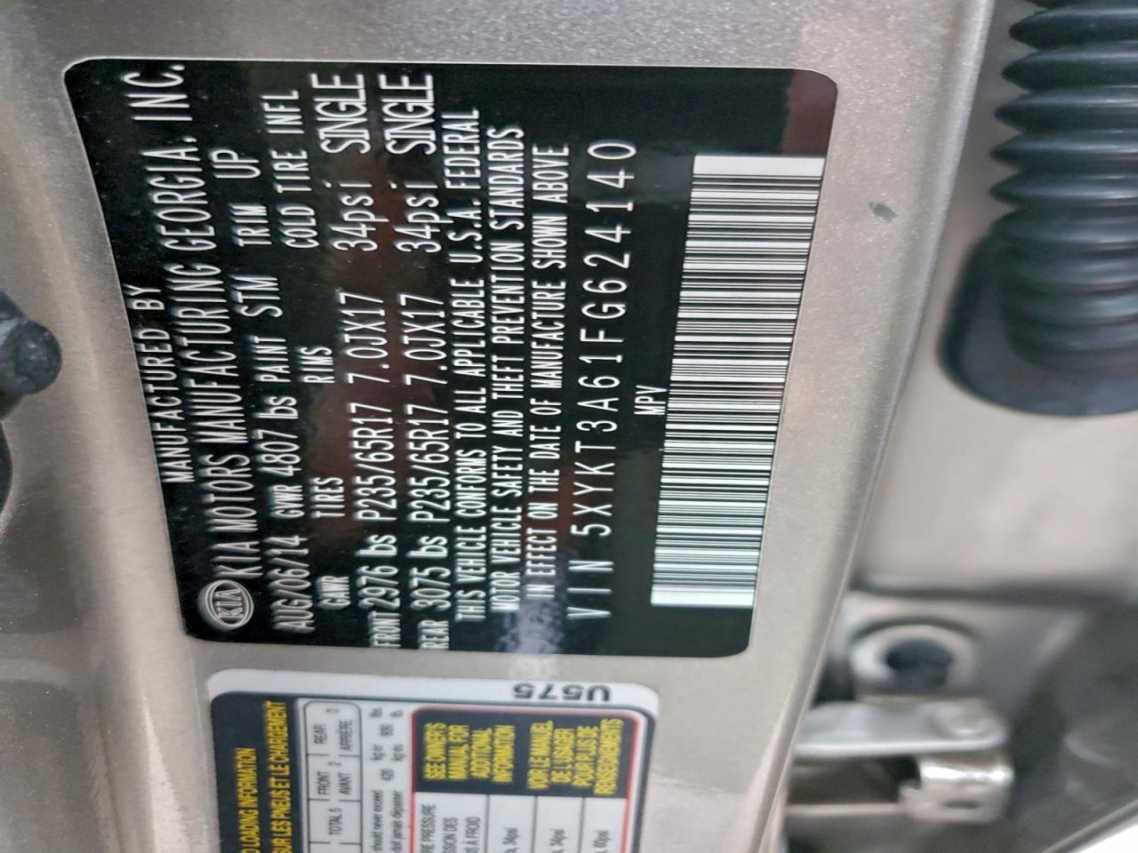 2015 Kia Sorento Lx VIN: 5XYKT3A61FG624140 Lot: 94527715