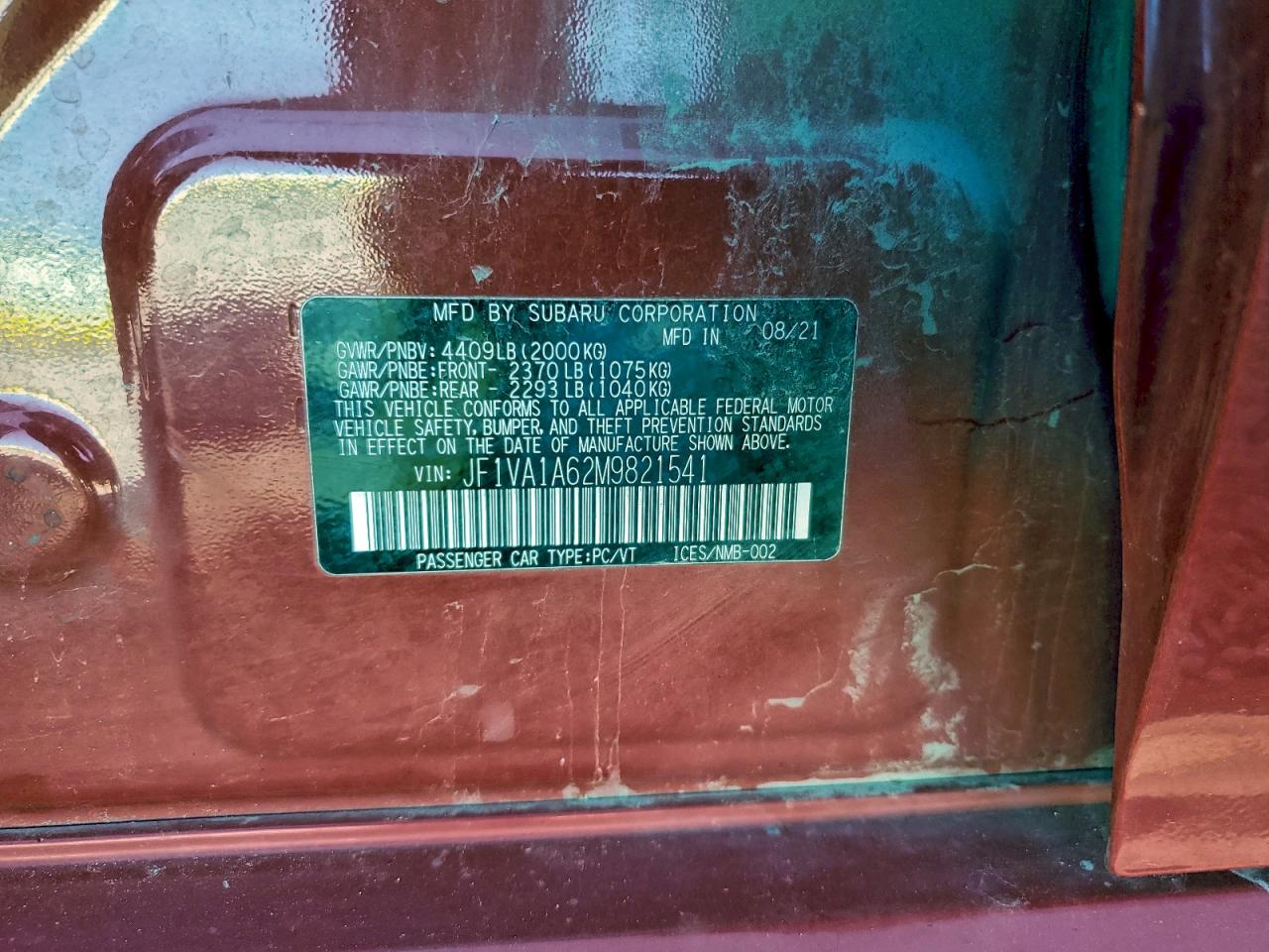 2021 Subaru Wrx VIN: JF1VA1A62M9821541 Lot: 94643245