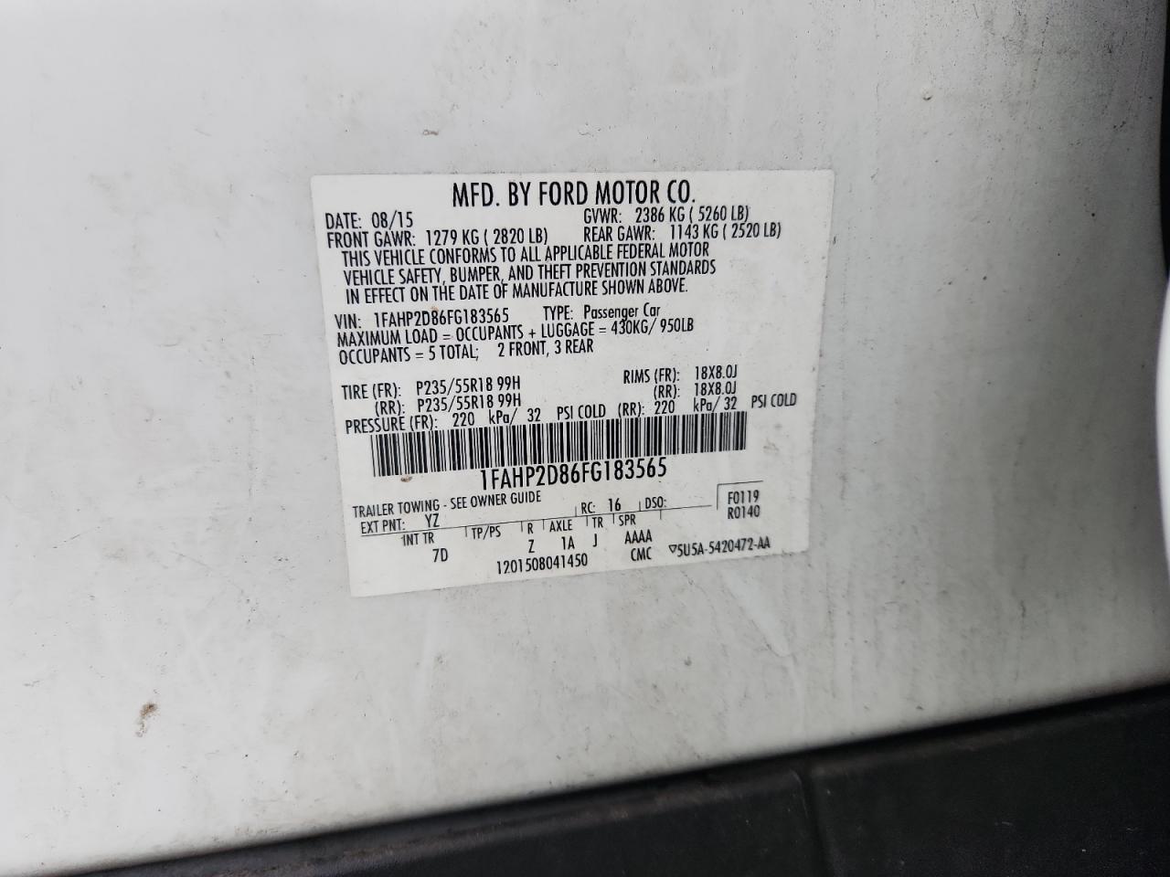 2015 Ford Taurus Se VIN: 1FAHP2D86FG183565 Lot: 93152455