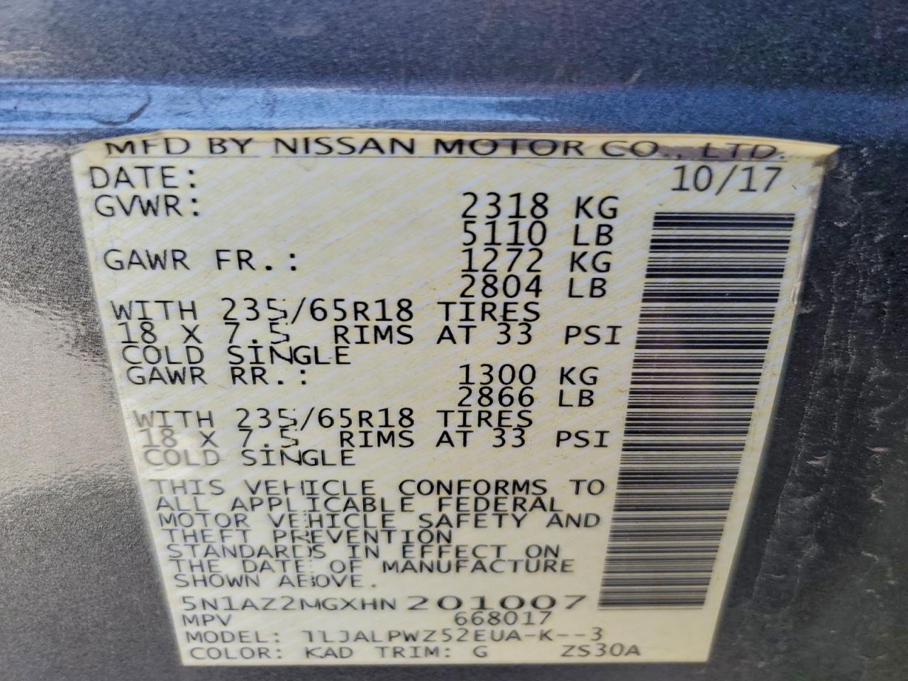 2017 Nissan Murano S VIN: 5N1AZ2MGXHN201007 Lot: 93685365