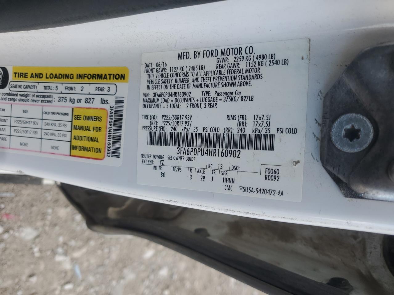 2017 Ford Fusion Se Phev VIN: 3FA6P0PU4HR160902 Lot: 87205435