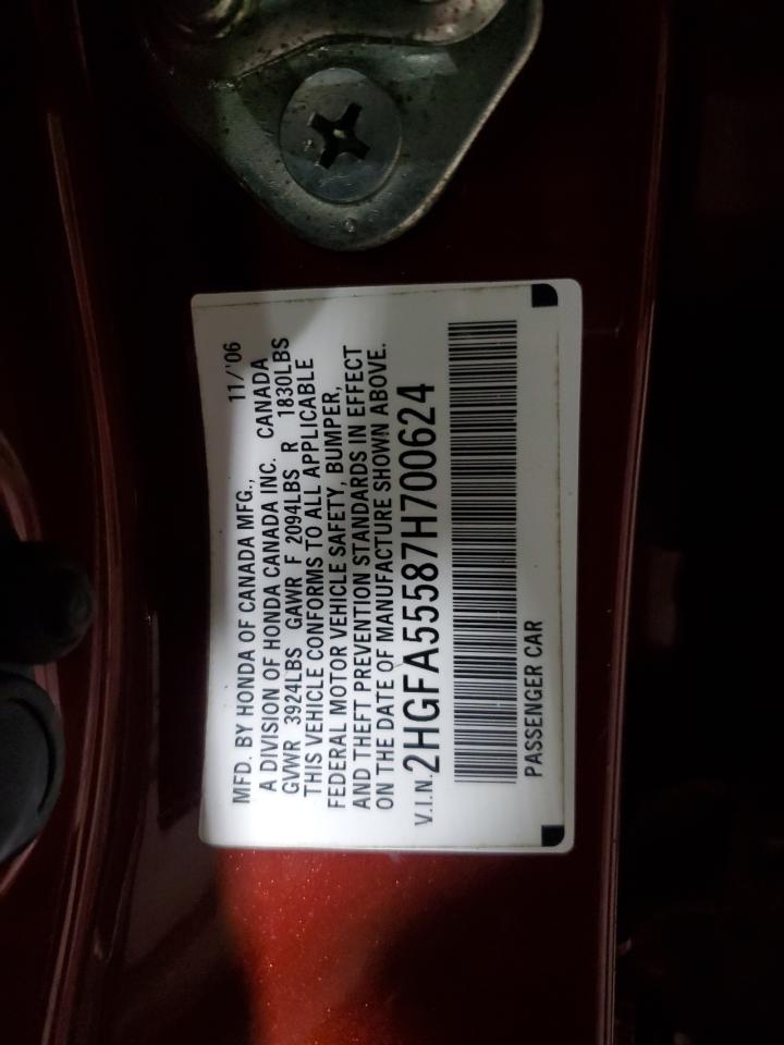 2007 Honda Civic Si VIN: 2HGFA55587H700624 Lot: 92877785