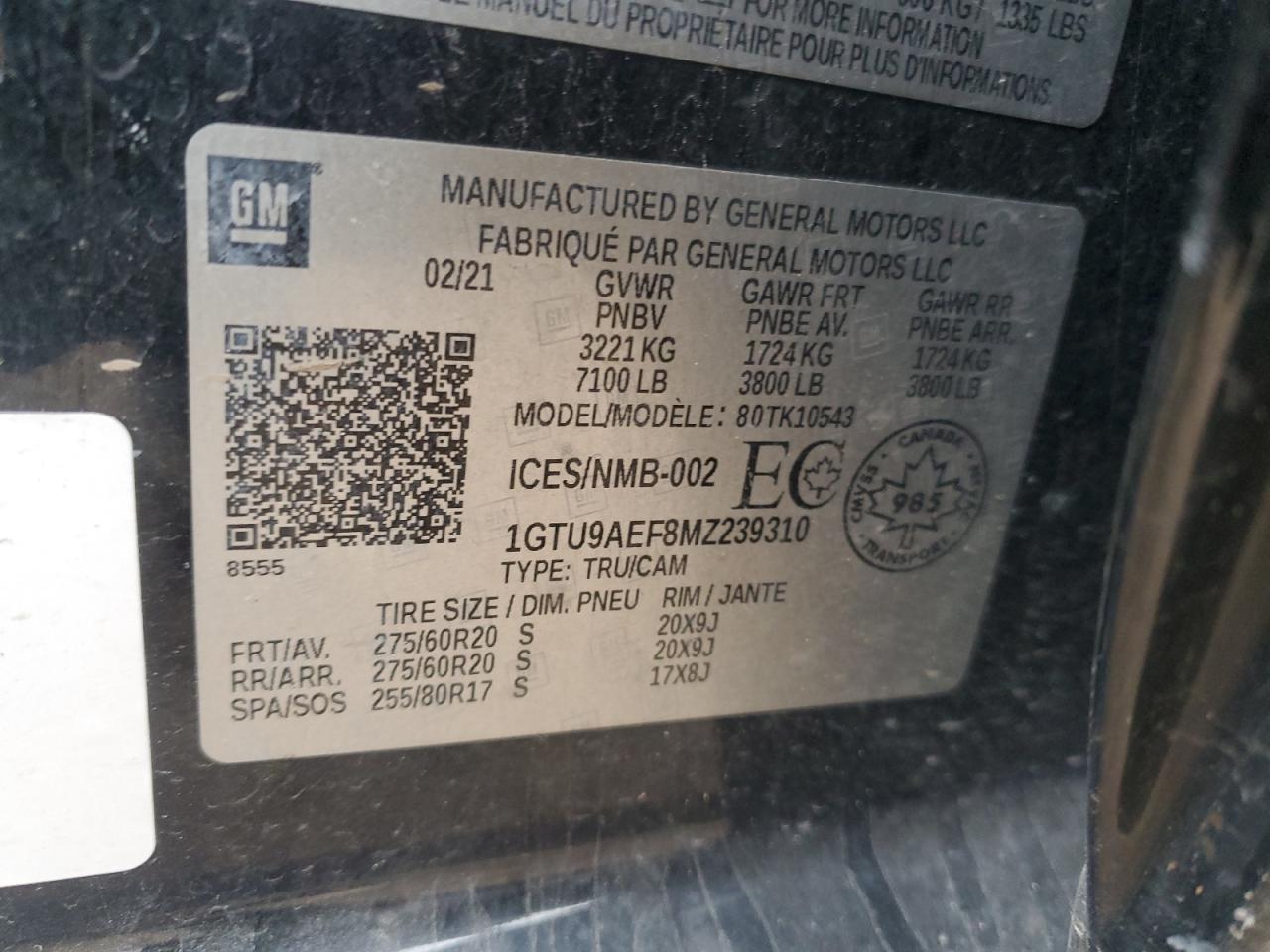 2021 GMC Sierra K1500 VIN: 1GTU9AEF8MZ239310 Lot: 91815235