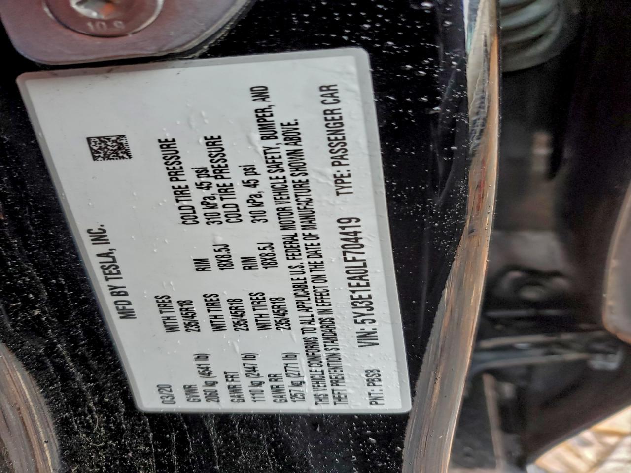 2020 Tesla Model 3 VIN: 5YJ3E1EA0LF704419 Lot: 92746065