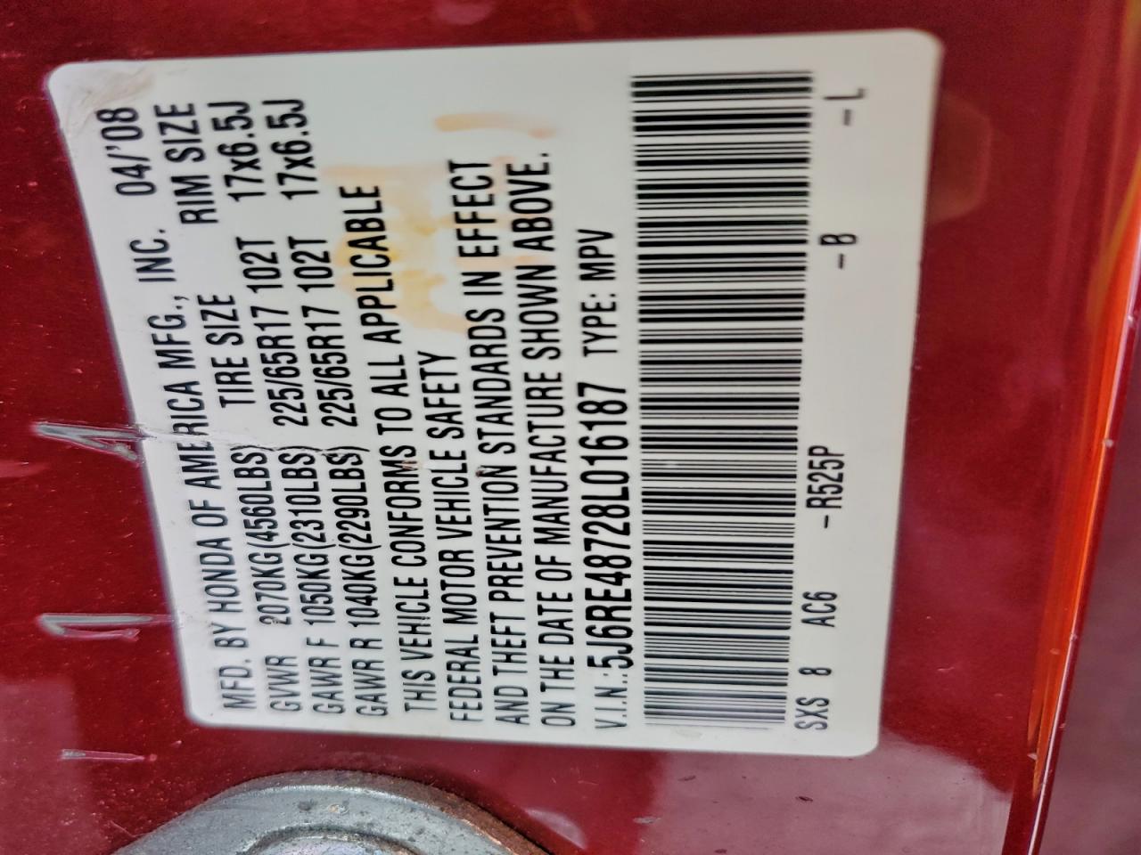 2008 Honda Cr-V Exl VIN: 5J6RE48728L016187 Lot: 93860755