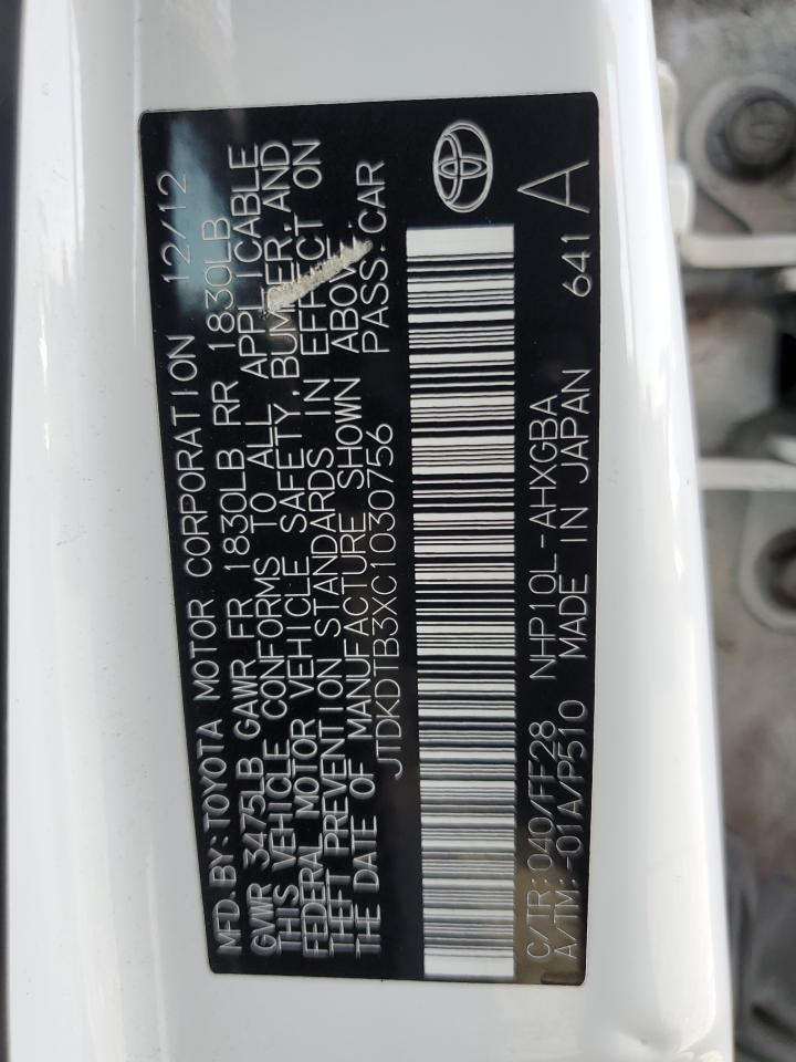 2012 Toyota Prius C VIN: JTDKDTB3XC1030756 Lot: 91460275