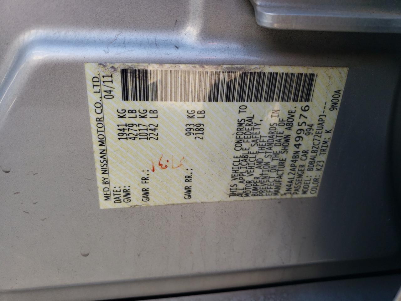 2011 Nissan Altima Base VIN: 1N4AL2AP4BN499576 Lot: 91082675