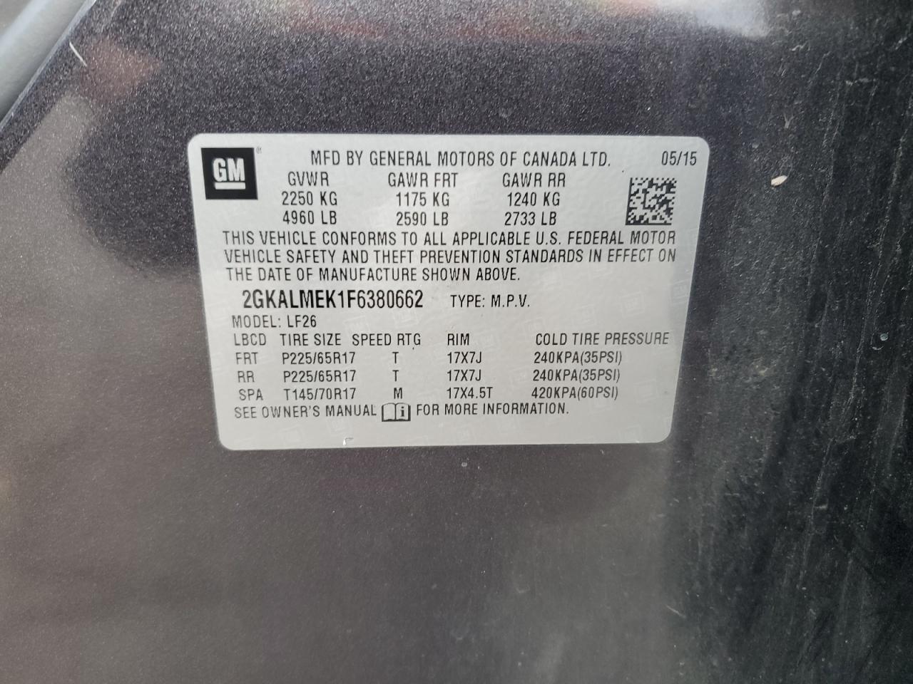 2015 GMC Terrain Sle VIN: 2GKALMEK1F6380662 Lot: 92591675