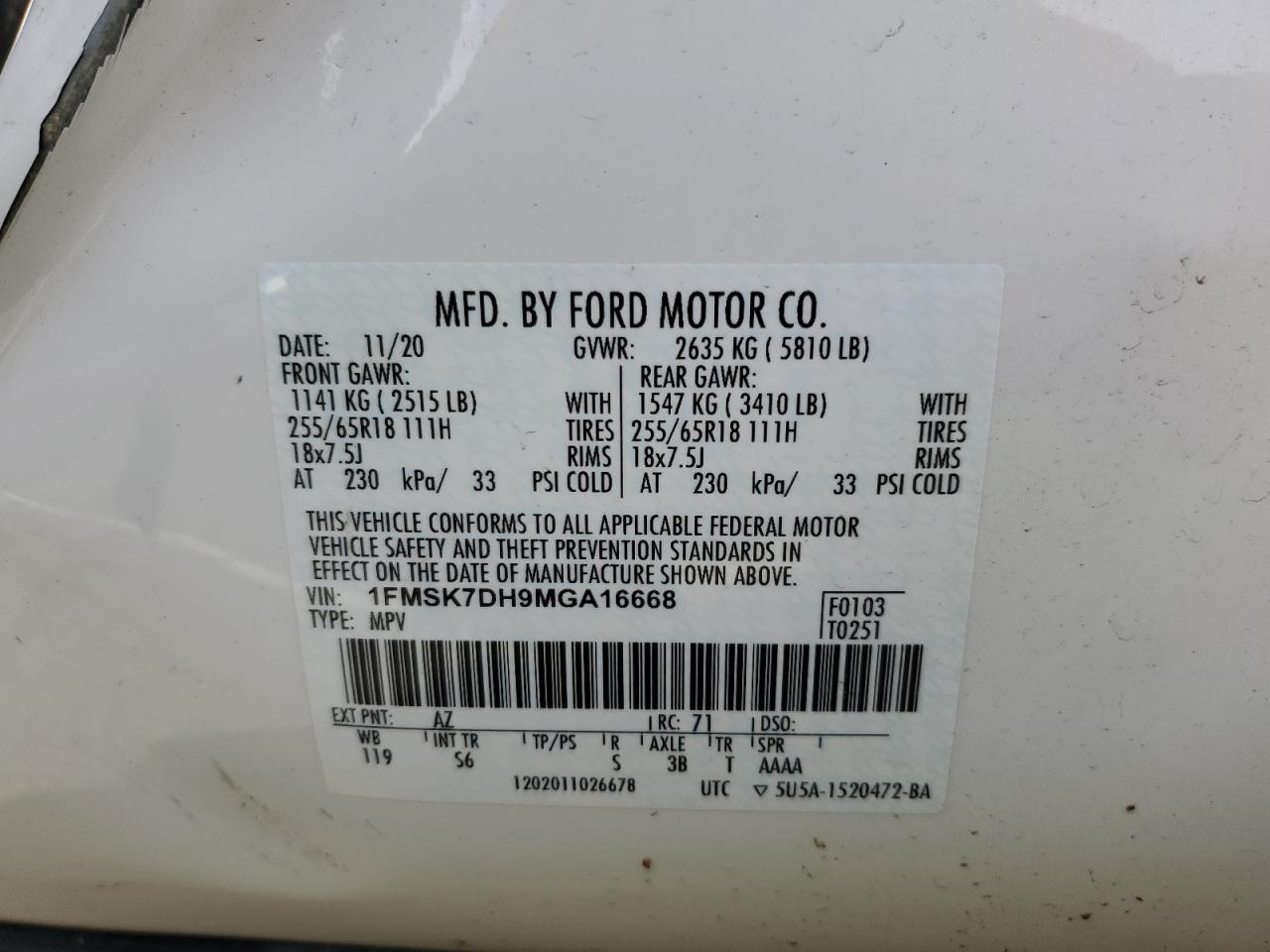 2021 Ford Explorer Xlt VIN: 1FMSK7DH9MGA16668 Lot: 93382525