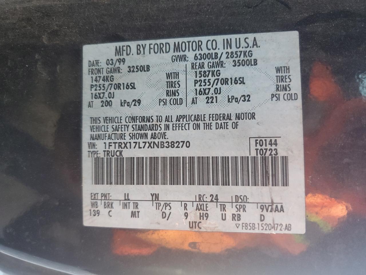 1999 Ford F150 VIN: 1FTRX17L7XNB38270 Lot: 93088075