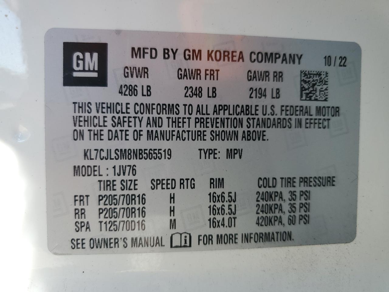 2022 Chevrolet Trax 1Lt VIN: KL7CJLSM8NB565519 Lot: 91092055