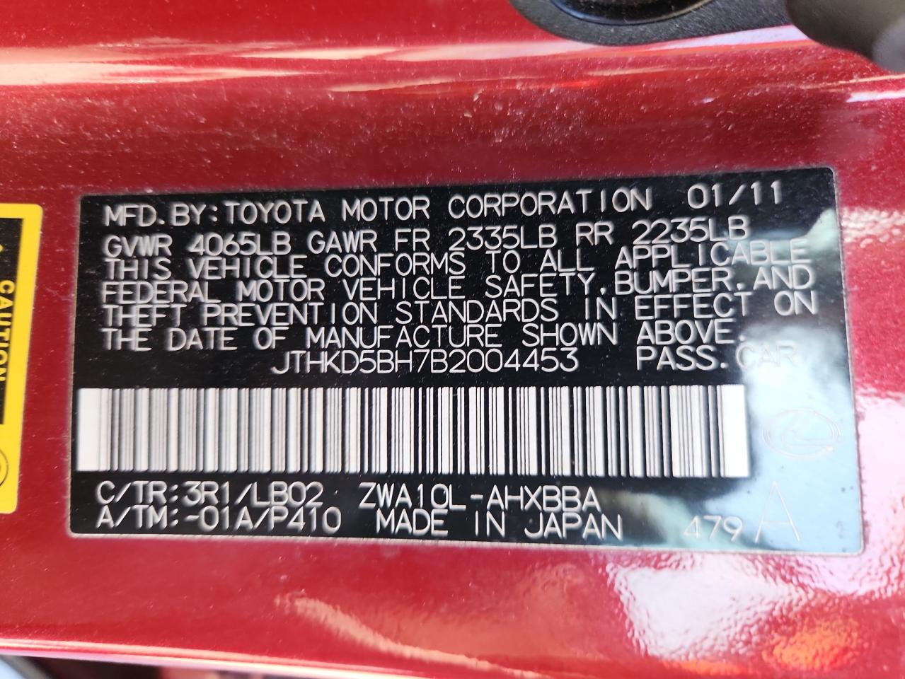 2011 Lexus Ct 200 VIN: JTHKD5BH7B2004453 Lot: 92223205