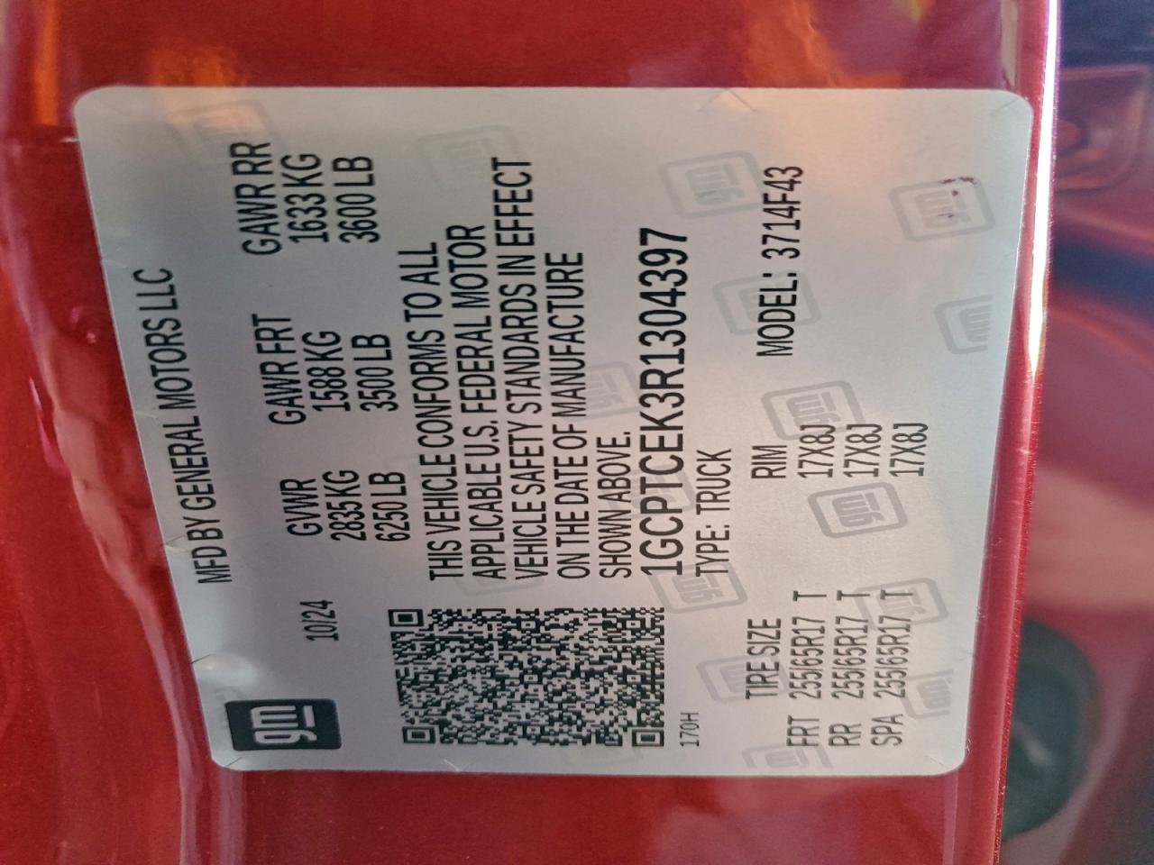 2024 Chevrolet Colorado Lt VIN: 1GCPTCEK3R1304397 Lot: 93475875