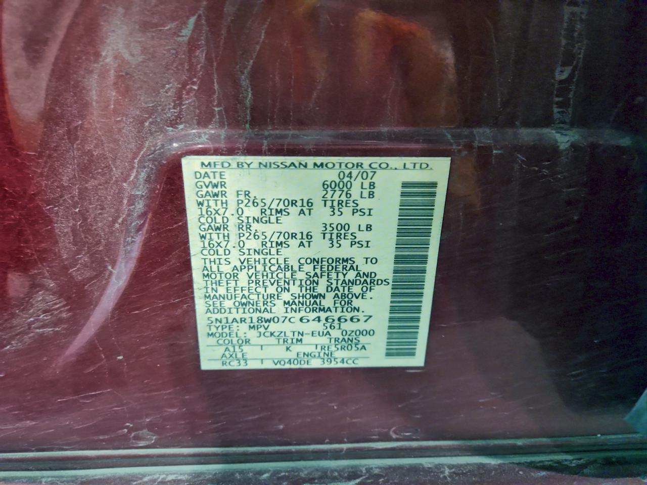 2007 Nissan Pathfinder Le VIN: 5N1AR18W07C646667 Lot: 92184575