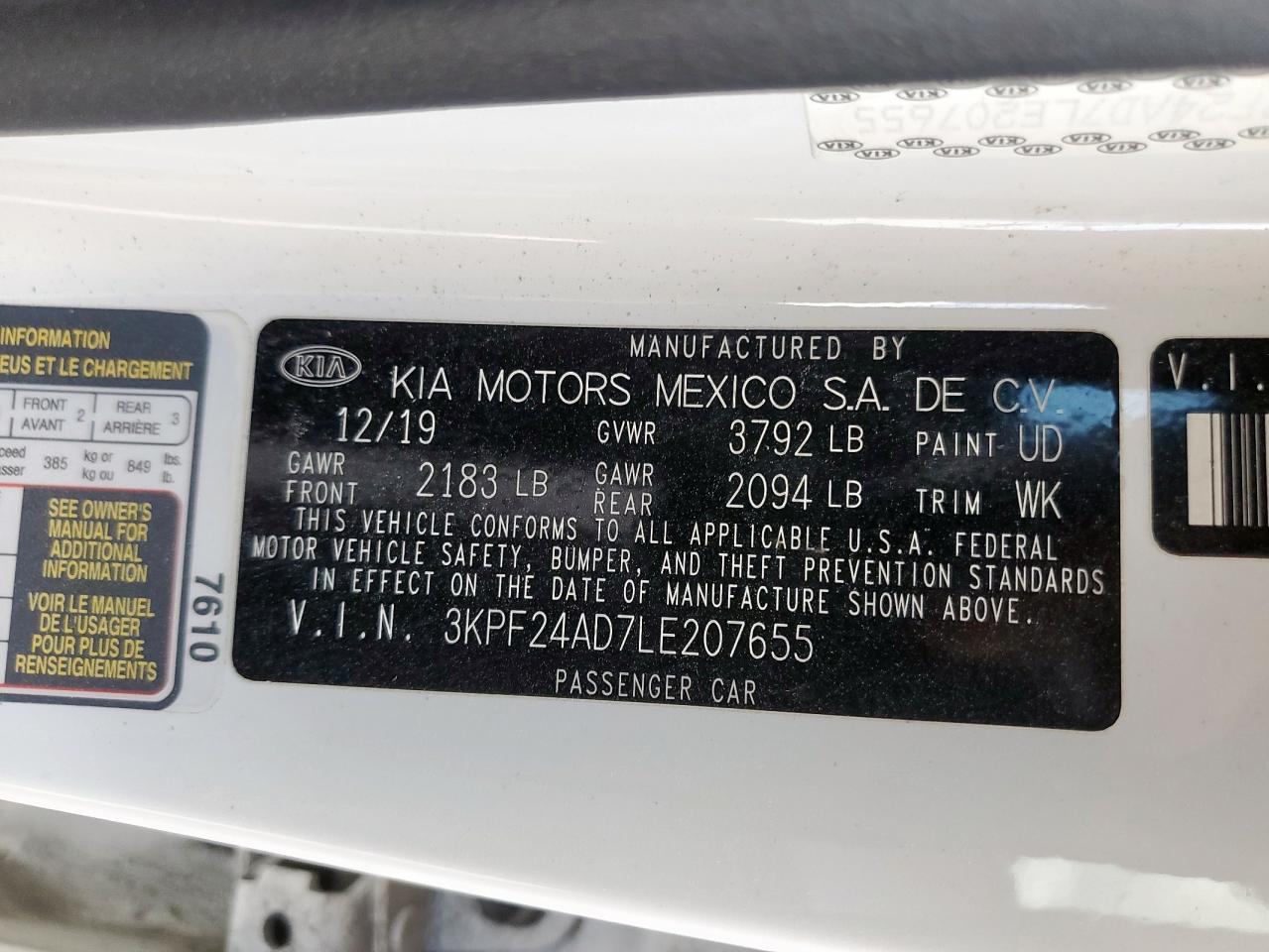 2020 Kia Forte Fe VIN: 3KPF24AD7LE207655 Lot: 92667755