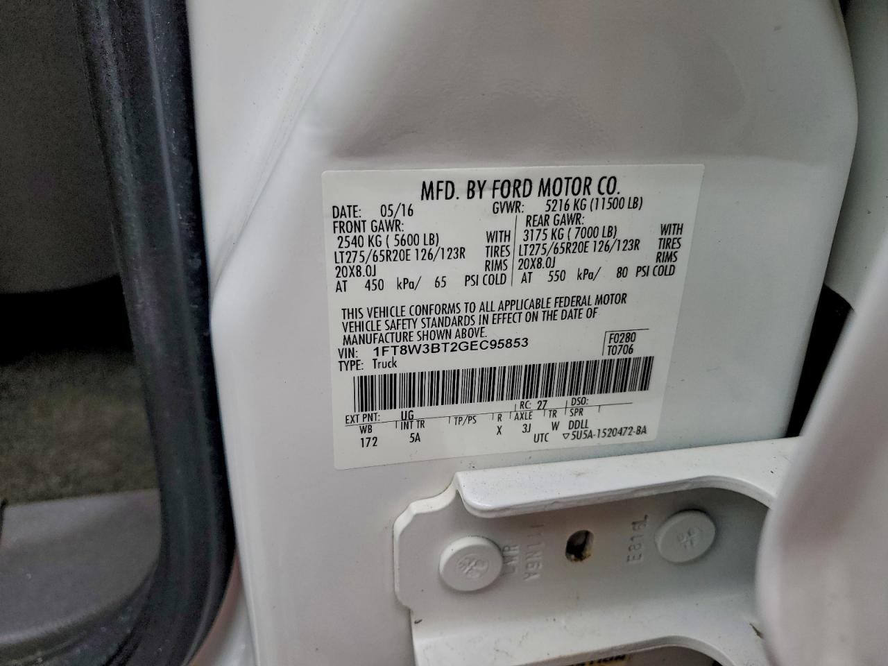 2016 Ford F350 Super Duty VIN: 1FT8W3BT2GEC95853 Lot: 92754505