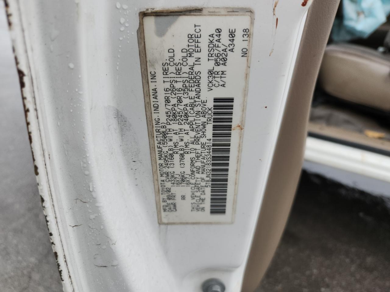 2003 Toyota Tundra VIN: 5TBJN32183S344814 Lot: 93762905