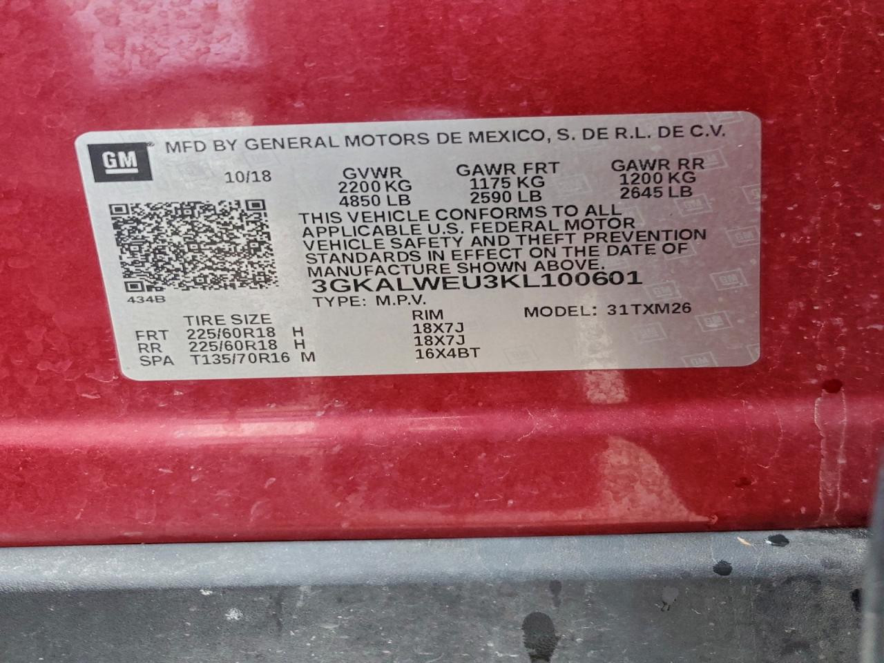 2019 GMC Terrain Slt VIN: 3GKALWEU3KL100601 Lot: 94284395