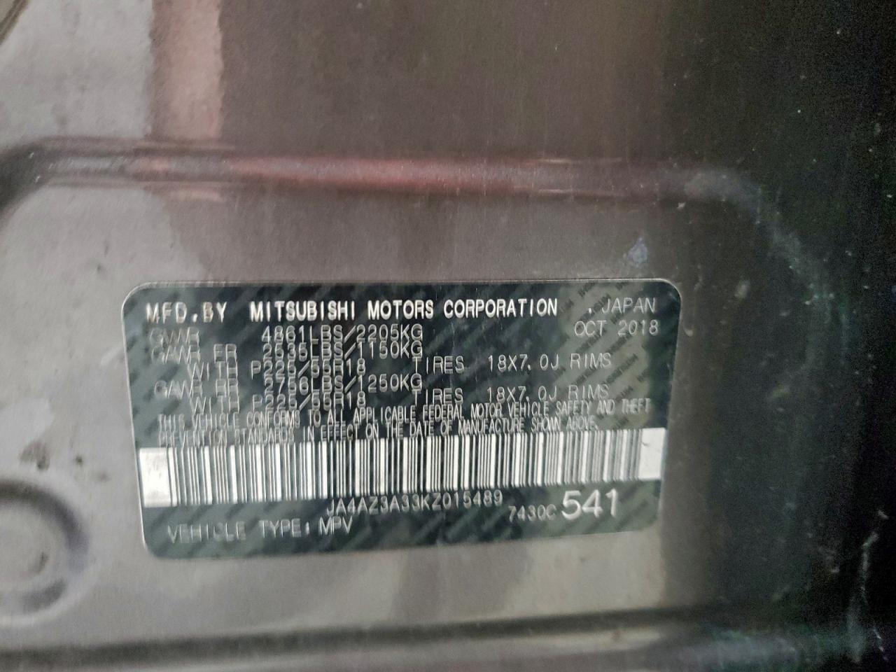 2019 Mitsubishi Outlander Se VIN: JA4AZ3A33KZ015489 Lot: 93484275