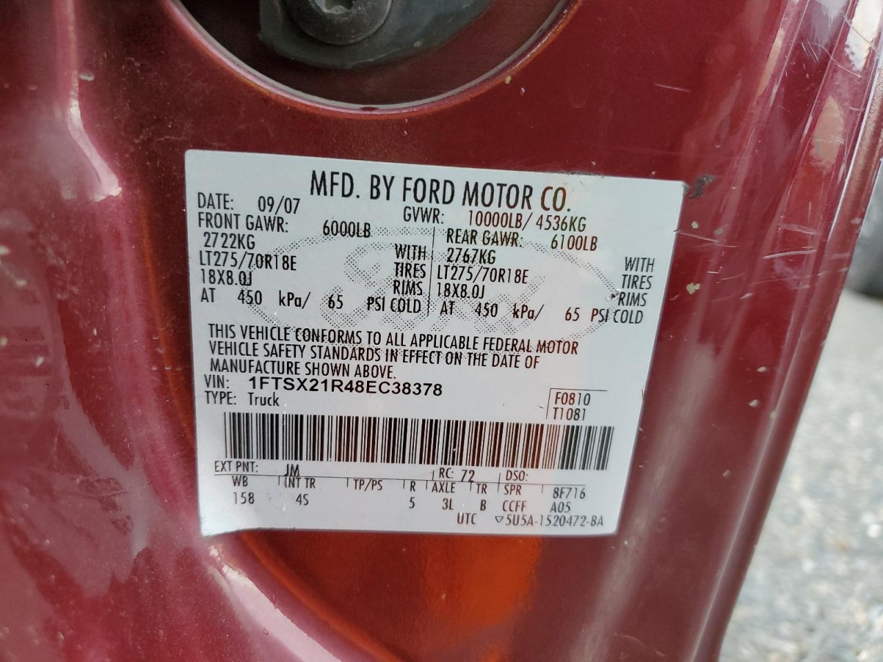 2008 Ford F250 Super Duty VIN: 1FTSX21R48EC38378 Lot: 90925975