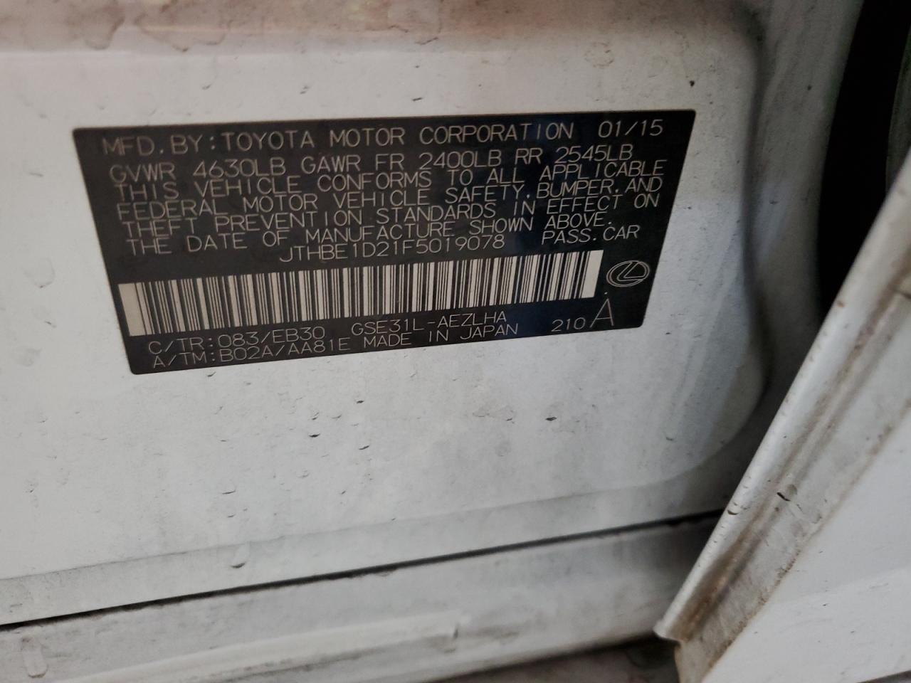 2015 Lexus Is 350 VIN: JTHBE1D21F5019078 Lot: 93073595