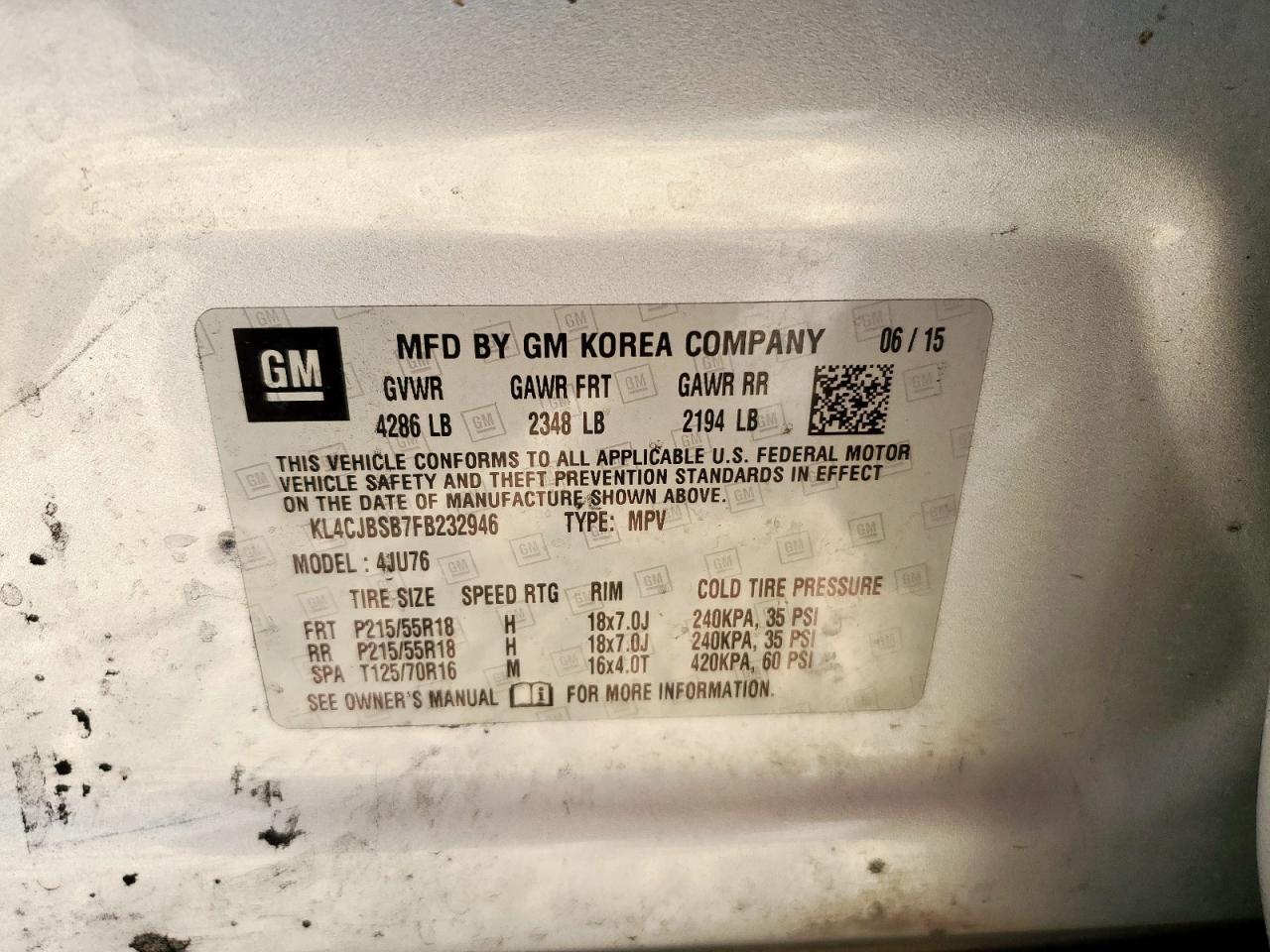 2015 Buick Encore Convenience VIN: KL4CJBSB7FB232946 Lot: 92061395