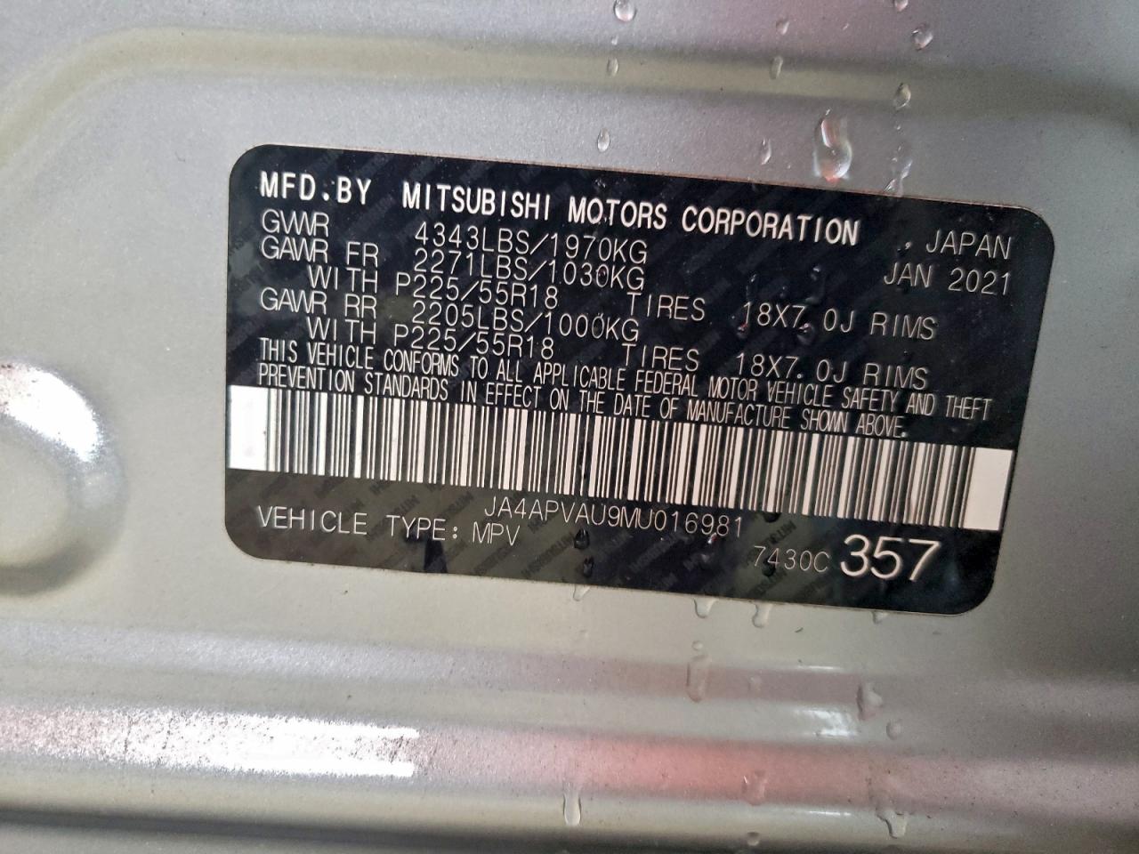 2021 Mitsubishi Outlander Sport Se VIN: JA4APVAU9MU016981 Lot: 93366845