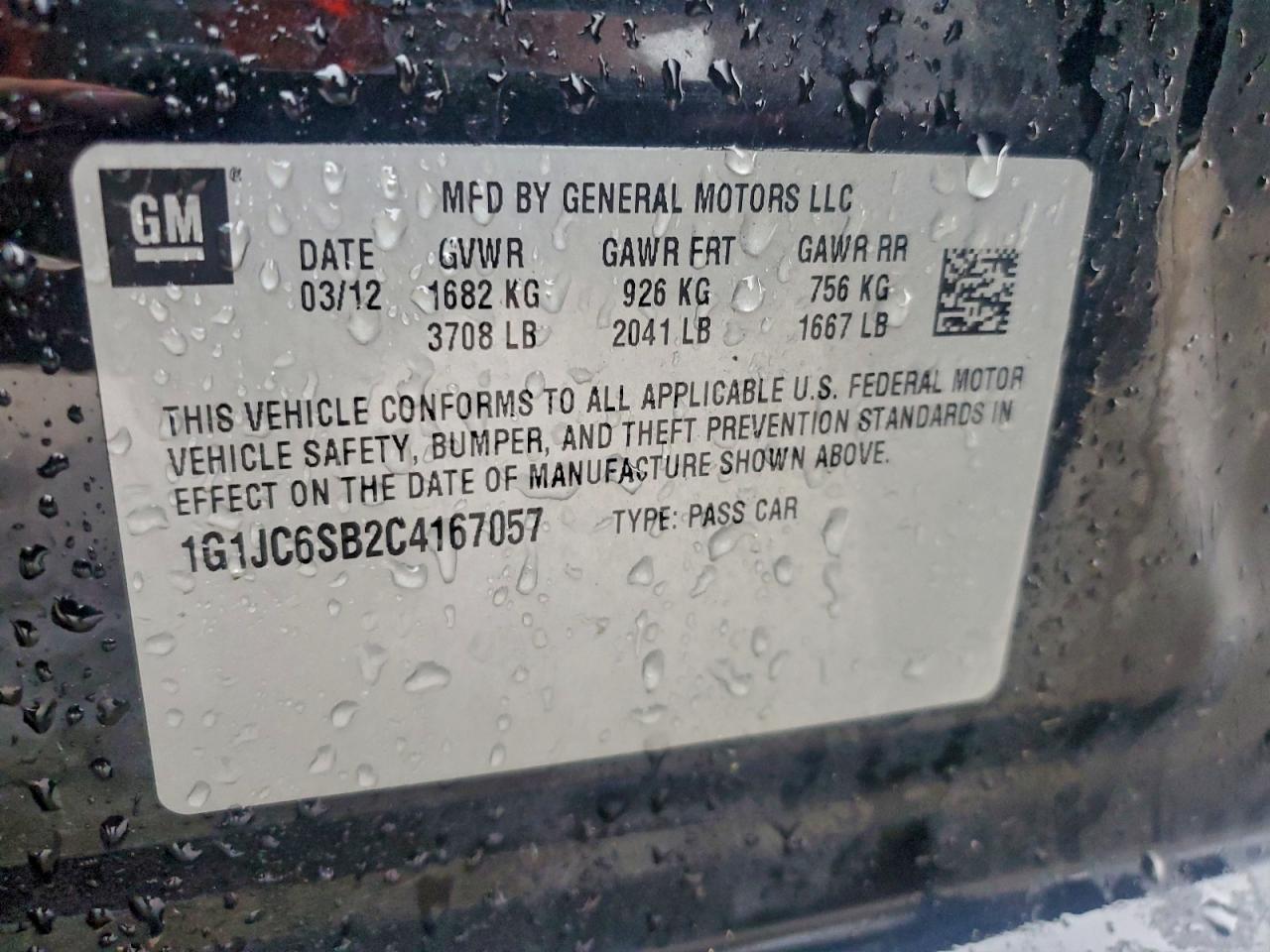 2012 Chevrolet Sonic Lt VIN: 1G1JC6SB2C4167057 Lot: 94263785