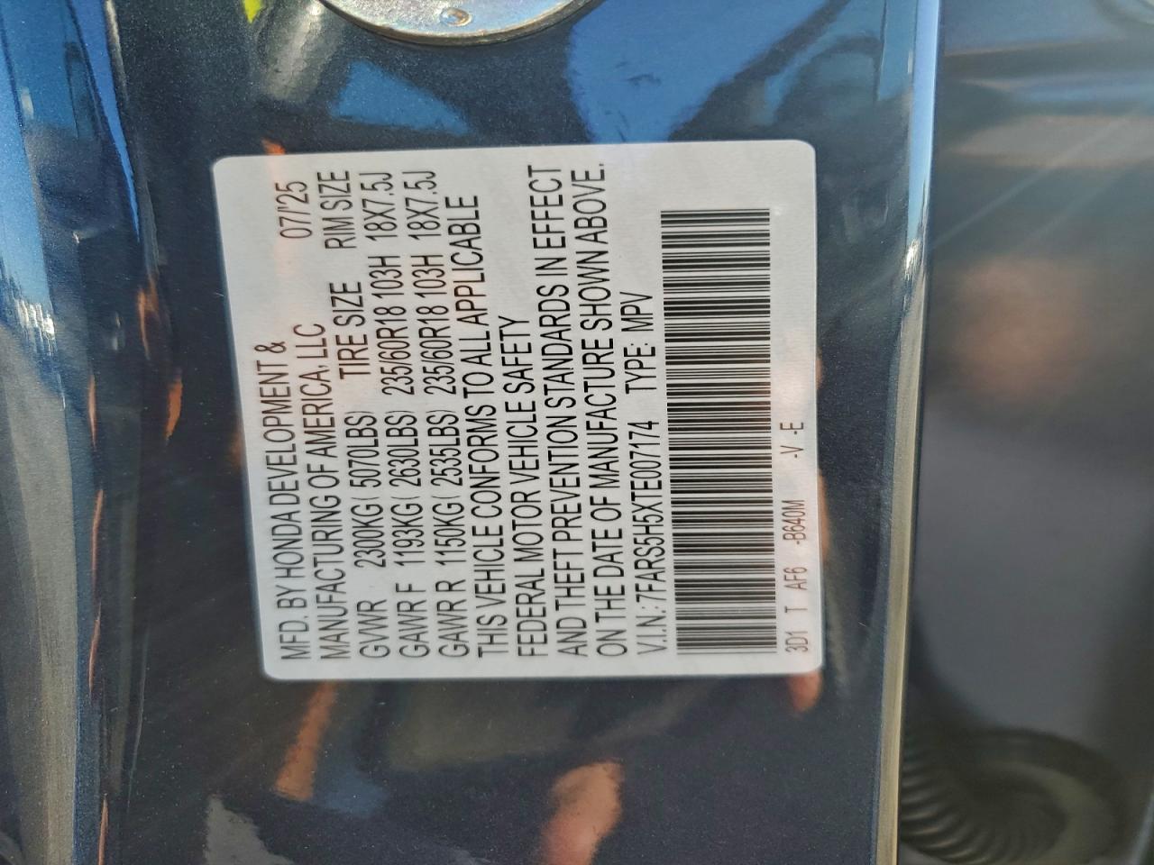 2026 Honda Cr-V Sport VIN: 7FARS5H5XTE007174 Lot: 93356595