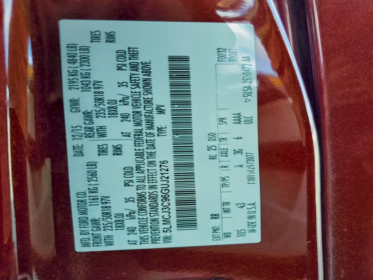 2016 Lincoln Mkc Reserve VIN: 5LMCJ3C96GUJ21276 Lot: 94422415