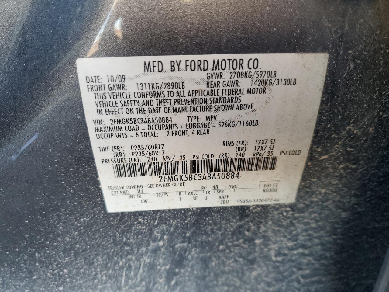 2010 Ford Flex Se VIN: 2FMGK5BC3ABA50884 Lot: 93364165