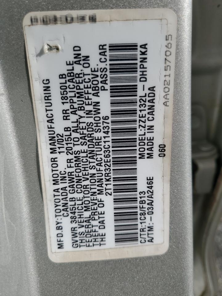 2003 Toyota Corolla Matrix Xr VIN: 2T1KR32E63C114376 Lot: 91554935