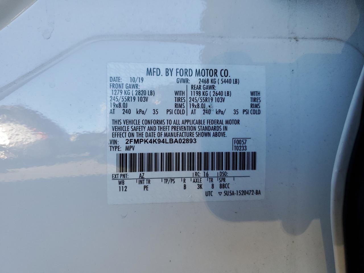 2020 Ford Edge Titanium VIN: 2FMPK4K94LBA02893 Lot: 91108775