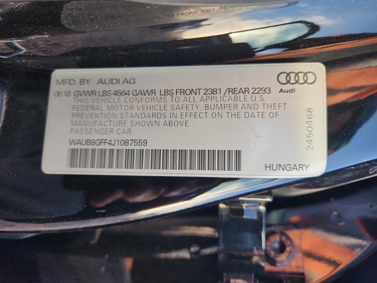 2018 Audi A3 Premium VIN: WAUB8GFF4J1087559 Lot: 92302955