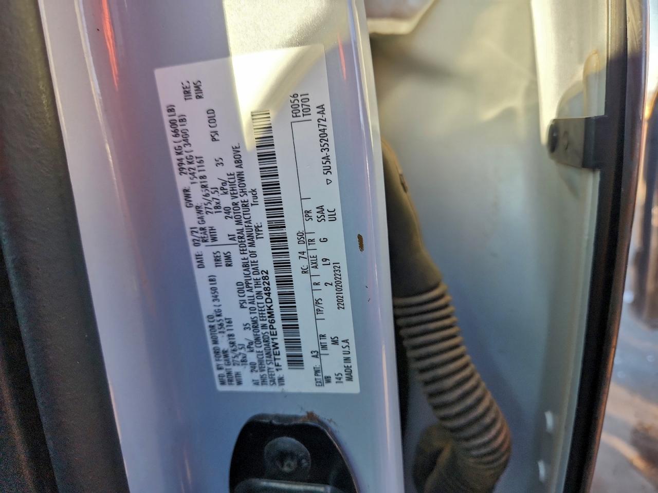 2021 Ford F150 Supercrew VIN: 1FTEW1EP6MKD48282 Lot: 93862495