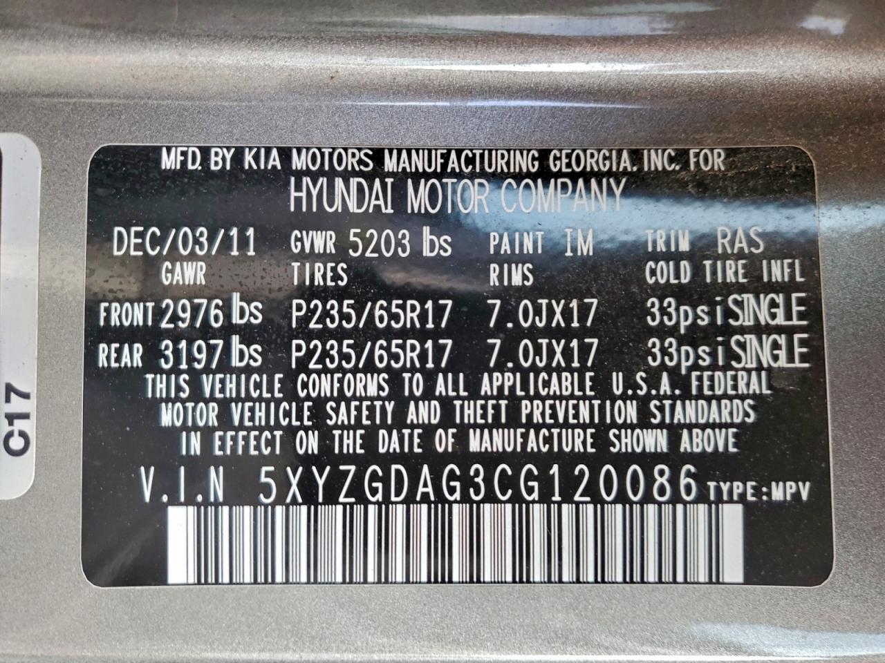 2012 Hyundai Santa Fe Gls VIN: 5XYZGDAG3CG120086 Lot: 94299405