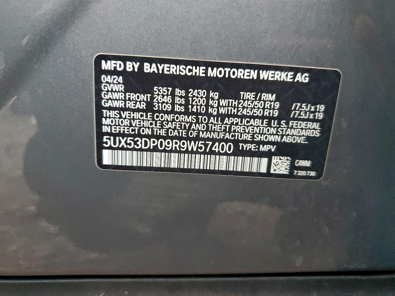 2024 BMW X3 xDrive30I VIN: 5UX53DP09R9W57400 Lot: 93861305