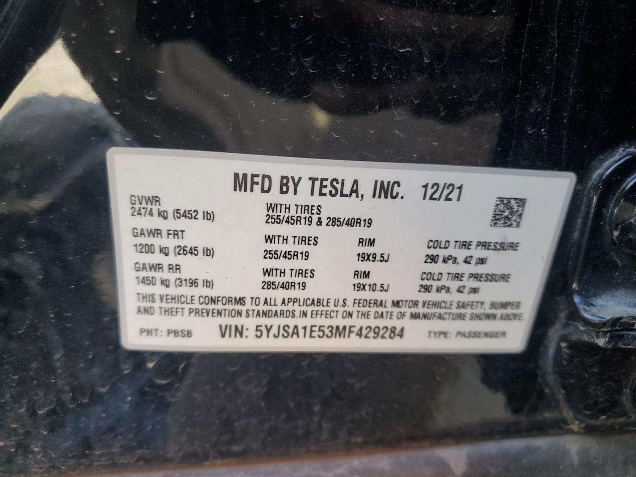 2021 Tesla Model S VIN: 5YJSA1E53MF429284 Lot: 93484315
