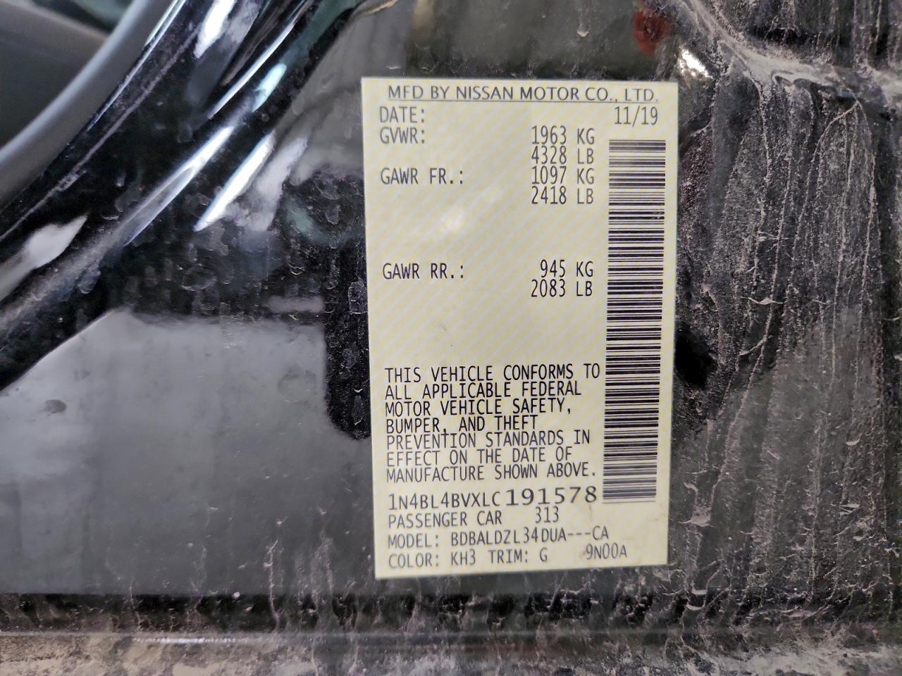 2020 Nissan Altima S VIN: 1N4BL4BVXLC191578 Lot: 93056015