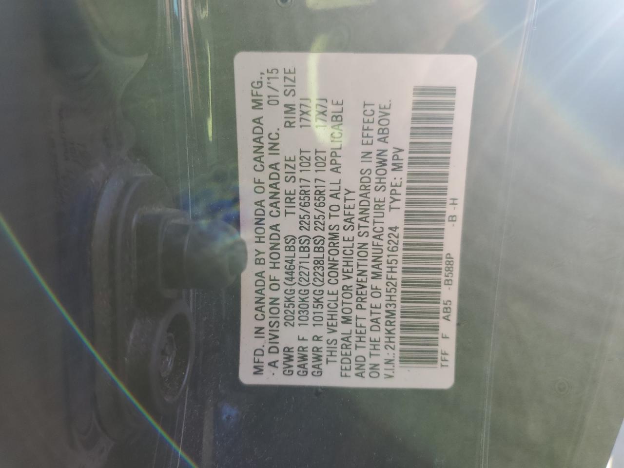 2015 Honda Cr-V Ex VIN: 2HKRM3H52FH516224 Lot: 91830735