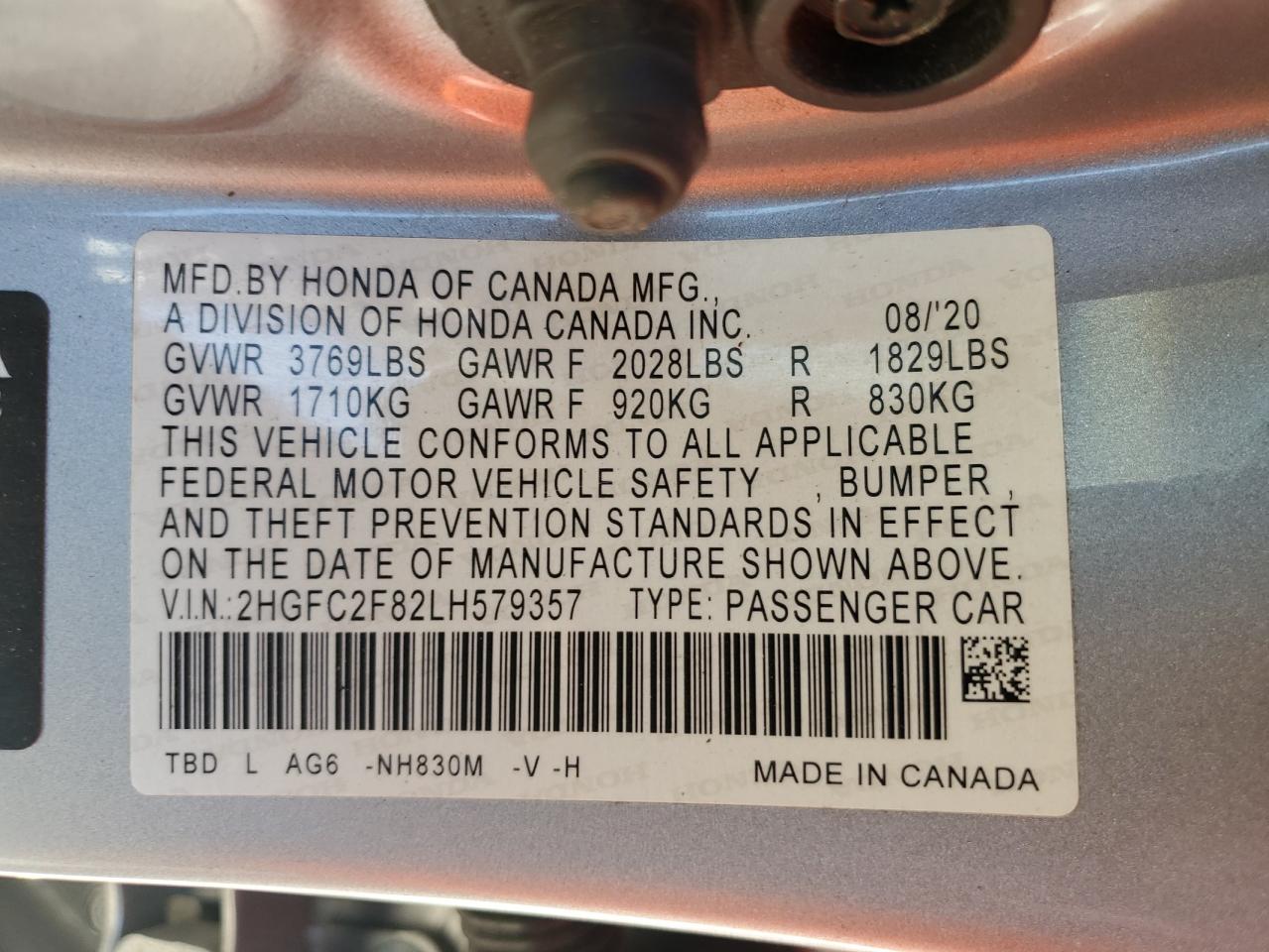 2020 Honda Civic Sport VIN: 2HGFC2F82LH579357 Lot: 92996935