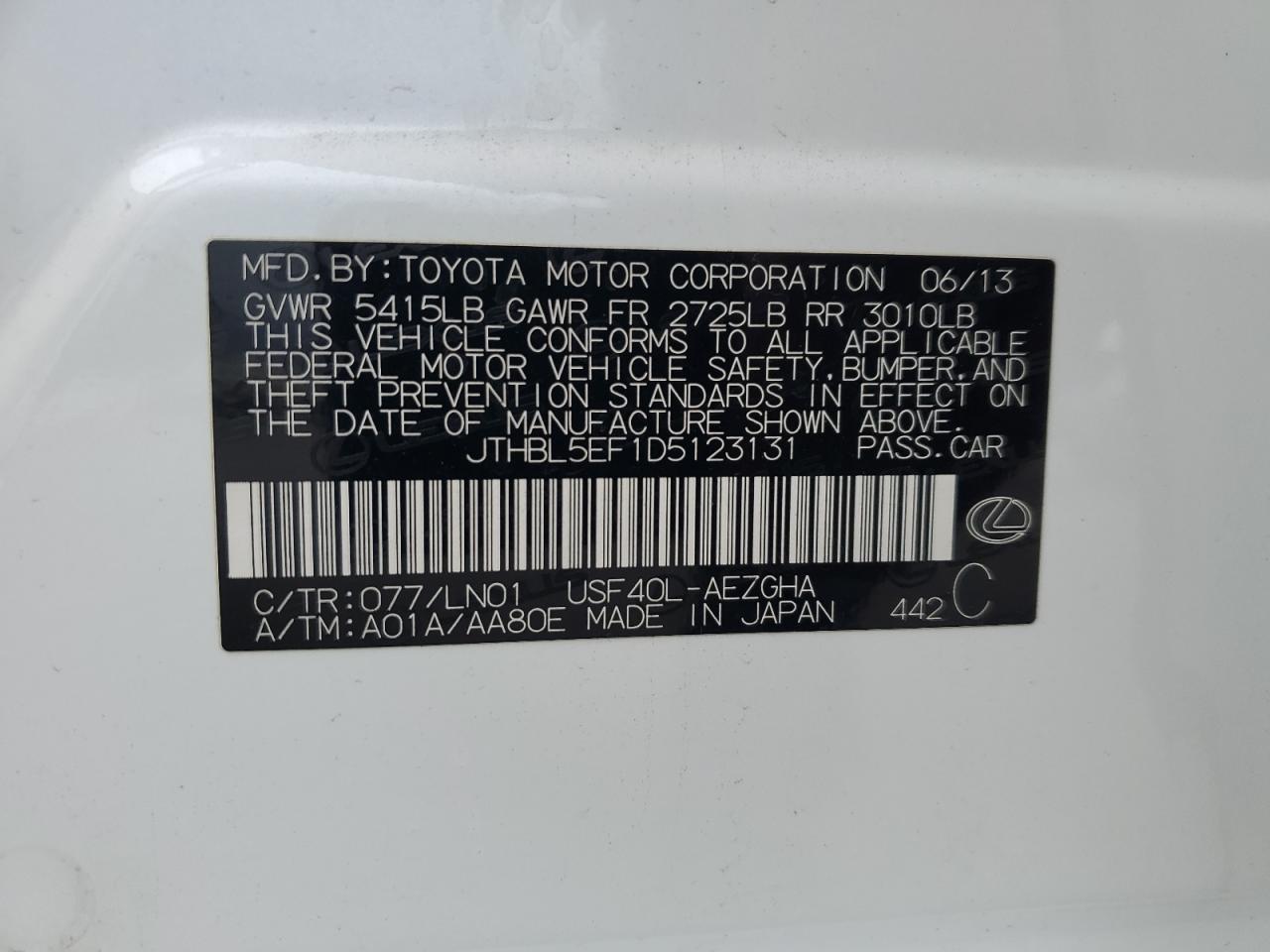 2013 Lexus Ls 460 VIN: JTHBL5EF1D5123131 Lot: 93893555