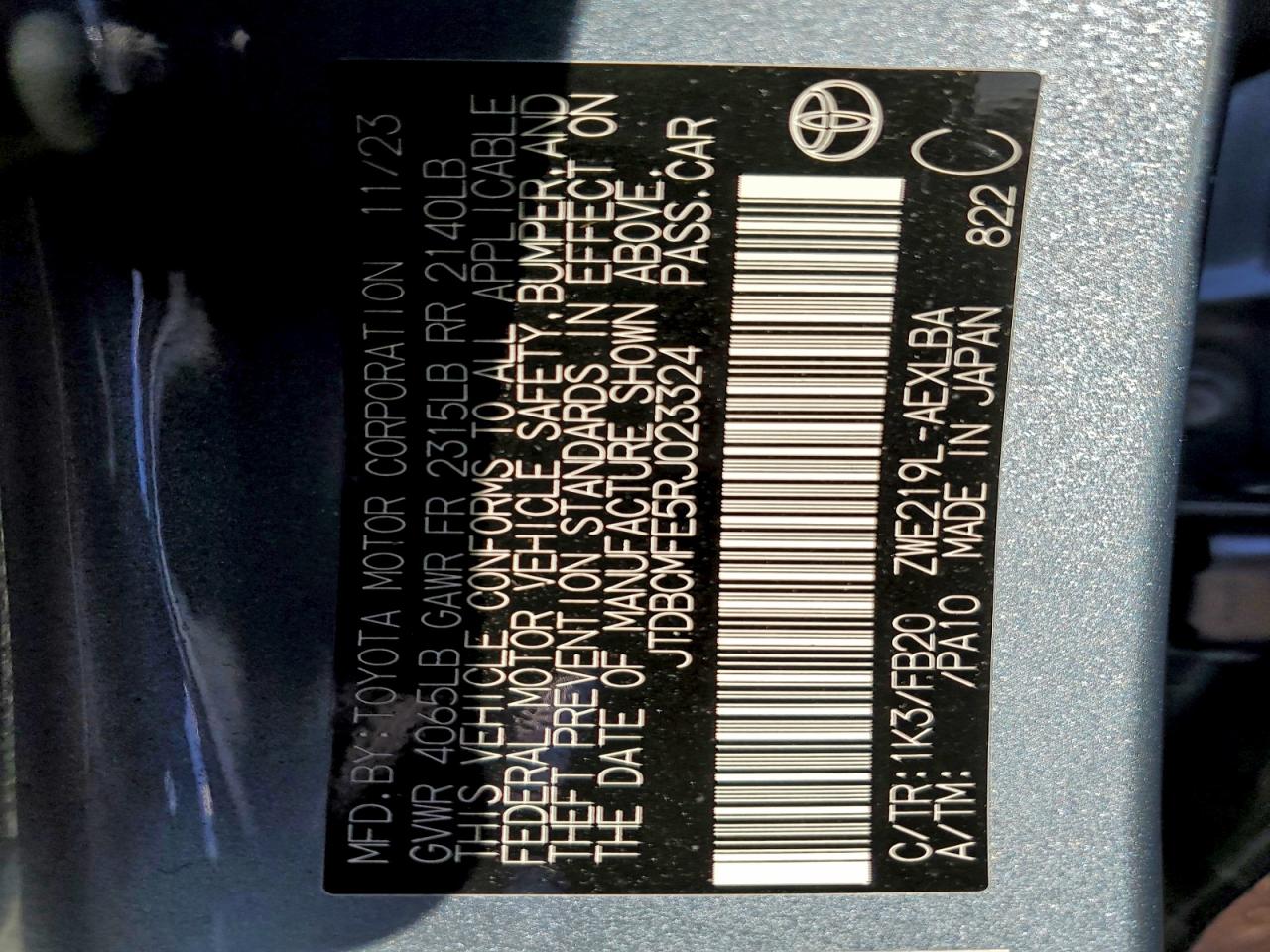 2024 Toyota Corolla Le VIN: JTDBCMFE5RJ023324 Lot: 93891715