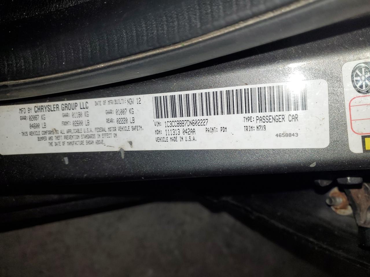 2013 Chrysler 200 Touring VIN: 1C3CCBBB7DN602227 Lot: 91977375