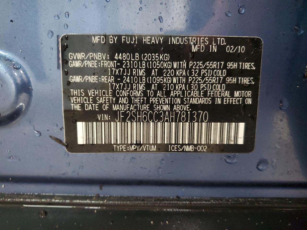 2010 Subaru Forester 2.5X Premium VIN: JF2SH6CC3AH781370 Lot: 93624395