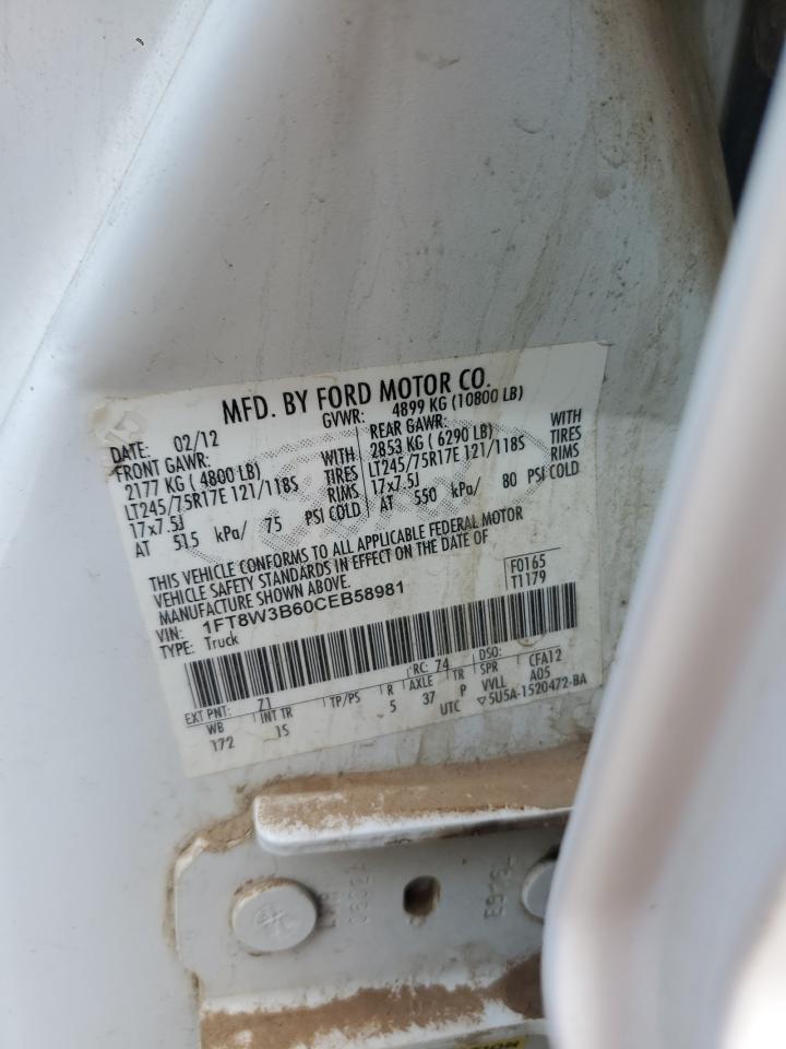 2012 Ford F350 Super Duty VIN: 1FT8W3B60CEB58981 Lot: 91918685