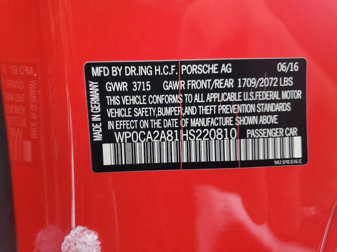 2017 Porsche Boxster VIN: WP0CA2A81HS220810 Lot: 91688765